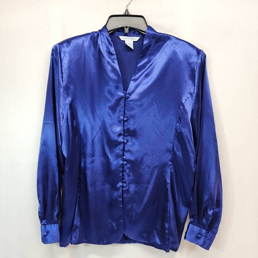 Ship N Shore Size 14 Vintage Button-up Long-Sleeve Silky Shoulder Pads Shirt 80'